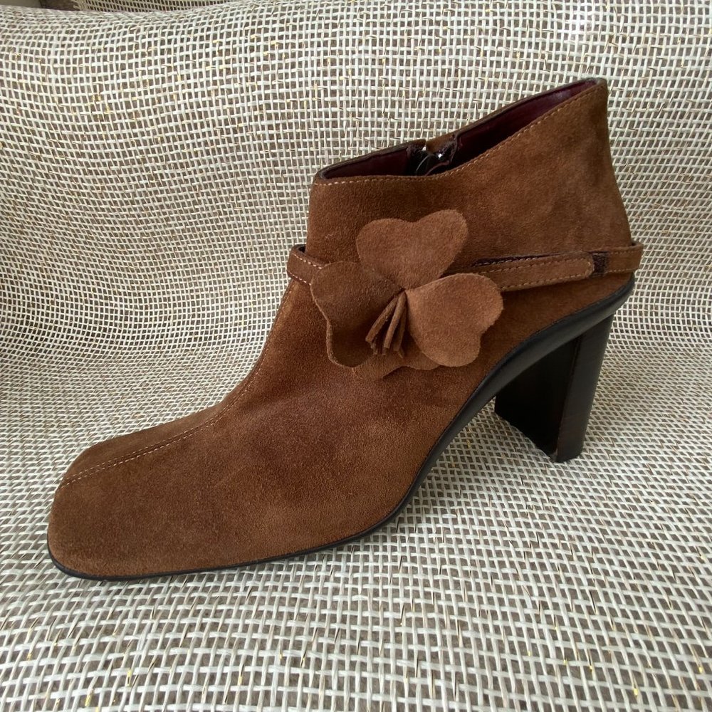 Fornarina Square Toes Suede Bootie with Floral Accent EU 37 or US 6.5